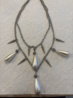 Goth or Punk style Silver-Tone Faux Pearl Teardrop Necklace - Women's Jewelry